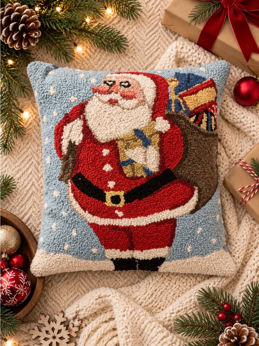 NWT Wool Needlecraft by Peking Santa Christmas Throw Pillow 19x15 Hook Holiday